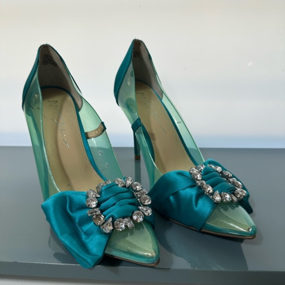 Blue Satin Heels with Crystal Embellishment